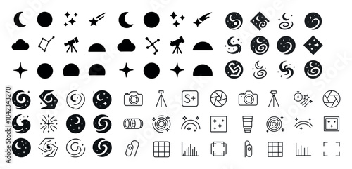 Astronomy and photography icons: telescopes, celestial bodies, c
