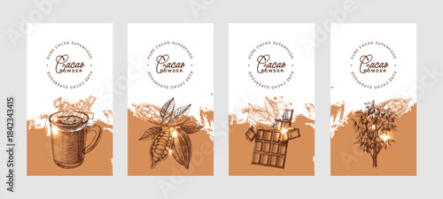 Hand drawn sketch cocoa chocolate product banner set. Vintage vector illustration of natural healthy food. Packaging design of cacao powder