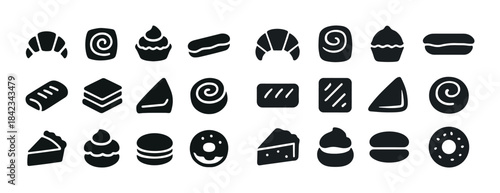Silhouette icons of croissants, pies, and desserts in vector sty