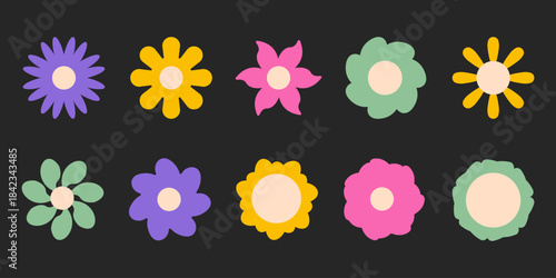 Set of colorful retro hippie style flower icons and botanical shapes for vintage 70s or spring decoration