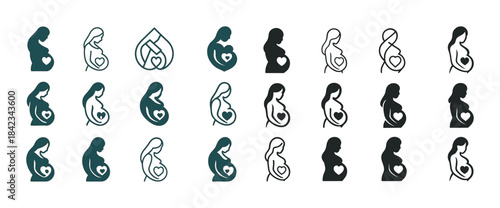 Set of diverse pregnant woman silhouettes with heart symbols