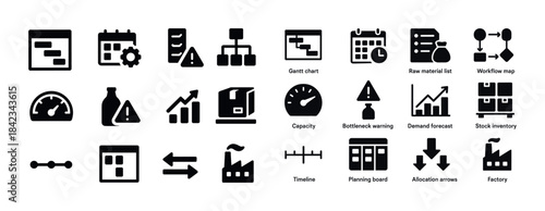 Industrial process management icons set: workflow, capacity, inv