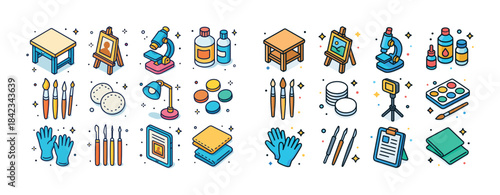 Colorful art and science supplies collection: brushes, microscop