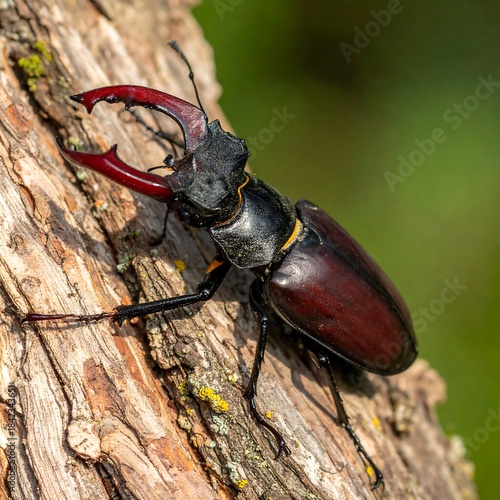 Close-up of a stag beetle with its distinctive jaws on a textured tree trunk