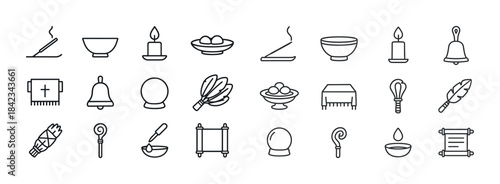 Minimalist line icons of spiritual and ritual objects in various