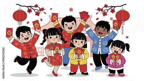 Happy children in traditional Chinese attire celebrating Lunar New Year with red envelopes and lanterns.