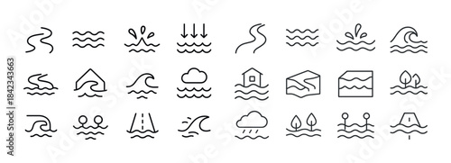 Minimalist water-themed icon set featuring waves, rain, and naut