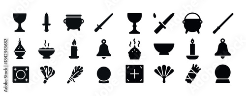Mystical ritual tools: chalice, dagger, cauldron, bell, crystal