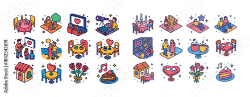Colorful isometric romantic date illustrations with couples and