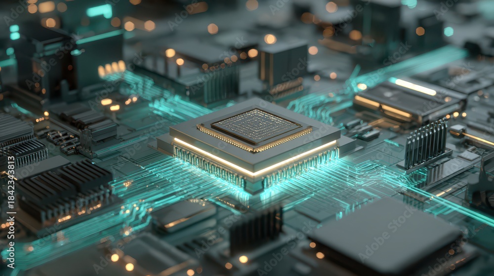 Obraz premium Futuristic central processing unit concept: glowing silicon core with circuit pathways and neon data flow