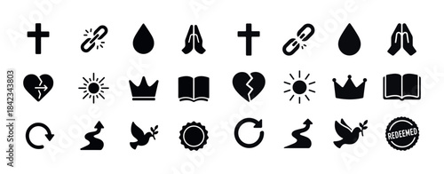 Set of religious and spiritual symbols including cross, dove, he