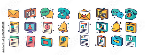 Colorful communication and organization icons including envelope