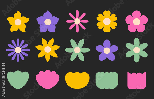 Pack of cute geometric star shaped flower icons and botanical elements in flat color style for nature design