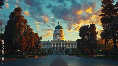 The California State Capitol building glows under a vibrant sunset, framed by trees and a wide, illuminated plaza.