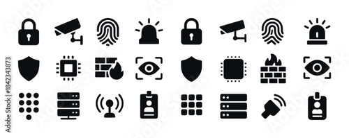 Security icons set: locks, cameras, fingerprints, shields, serve