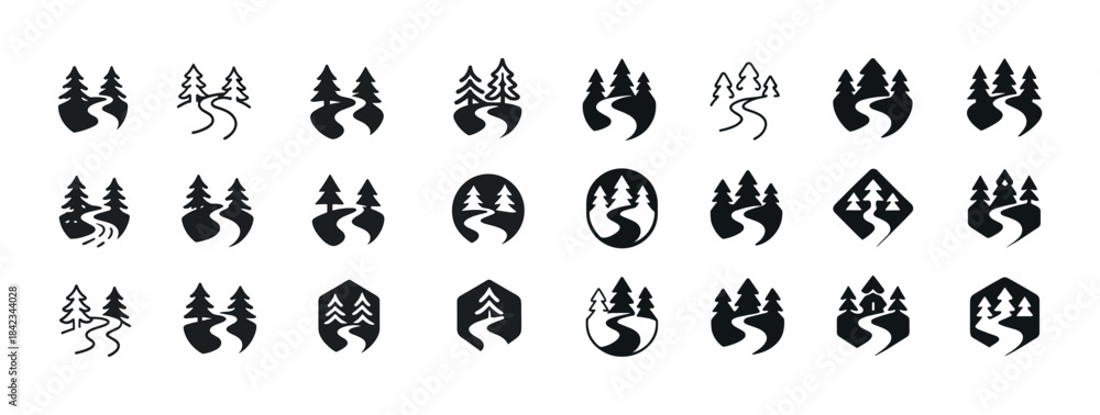 Obraz premium Variety of black tree and pathway icons in different geometric s