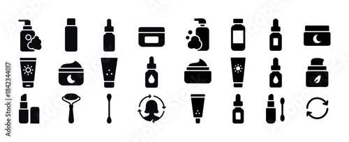 Collection of black skincare and beauty product icons on white b