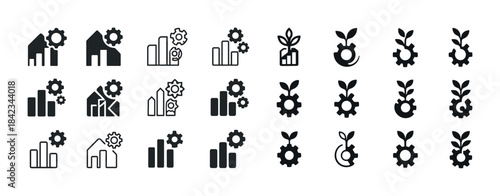 Eco-friendly growth icons featuring gears and plants