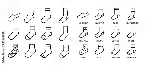 Various types of socks: no show, thermal, fuzzy, hiking, dress,