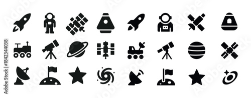 Space exploration icons: rocket, astronaut, satellite, telescope