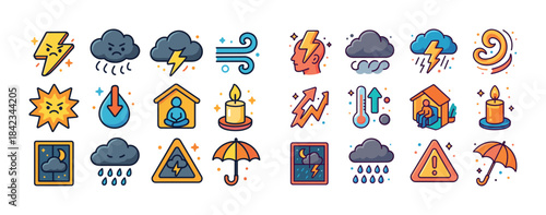 Colorful weather and alert icons featuring clouds, lightning, an
