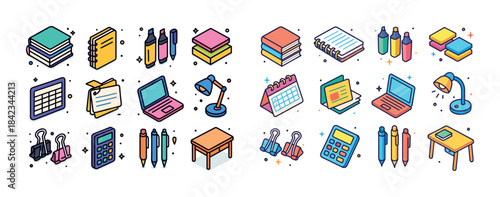 Colorful isometric office supplies collection: notebooks, pens,