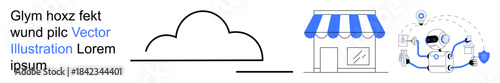 Cloud technology, retail services, artificial intelligence, digital transformation, cybersecurity, and remote systems. Cloud icon, shop building and robot with data points. Cloud technology