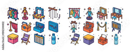 Colorful isometric icons of dressing room essentials and accesso