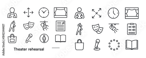 Theater rehearsal icons: stage, performance, script, masks, micr
