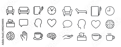 Minimalist icon set: furniture, stationery, clocks, conversation