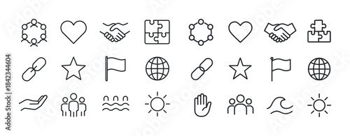 Set of minimalist line icons: hearts, hands, stars, and more