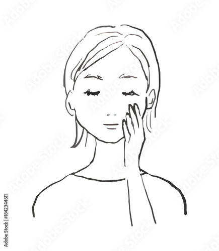 頬に片手をあてる女性のイラスト　線画　マッサージ、洗顔、美容