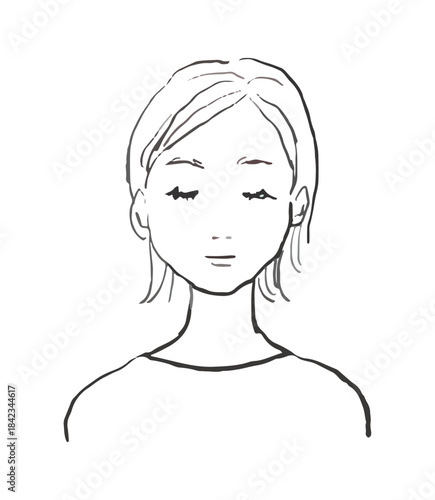 目をつぶる女性のイラスト　線画　洗顔、美容、マッサージ