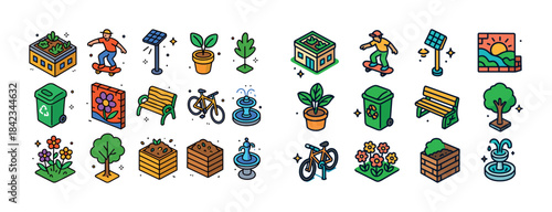 Colorful eco-friendly urban icons: skateboarding, recycling, sol