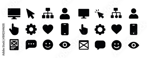 Black and white digital icon set including people, technology, a