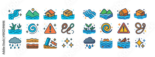 Colorful natural disaster icons: flood, landslide, storm, and wa