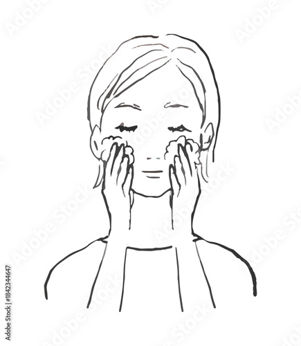 頬に手をあてる女性のイラスト　線画　マッサージ、洗顔、美容