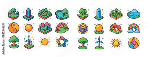 Colorful isometric nature and energy icons with trees, sun, wate