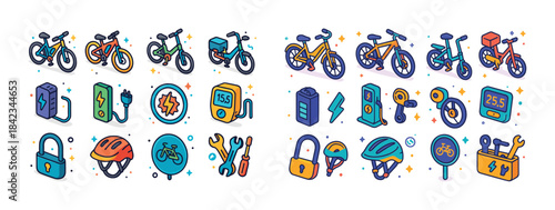 Colorful bicycle icons with accessories and repair tools on whit