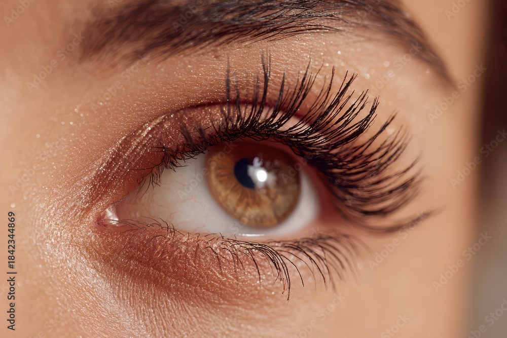Obraz premium Glimpse of glamour: close-up eye with extended lashes and warm tones