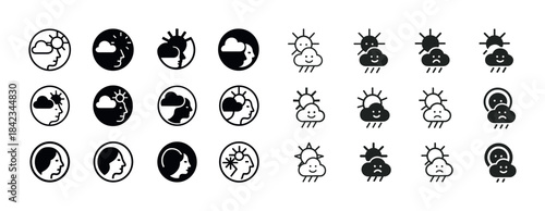Weather icon set: sun, clouds, rain, and faces