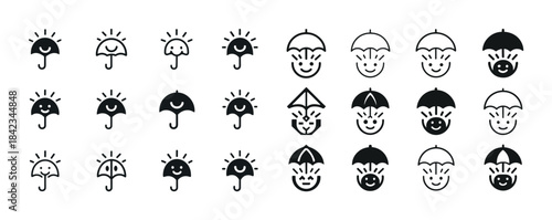 Set of creative umbrella and sun icons with smiling faces