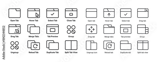 User interface web browser tab icons: open, close, reload, group