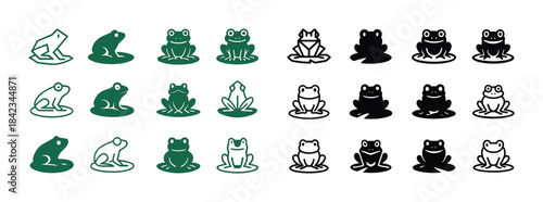 Collection of frog icons in various styles and colors