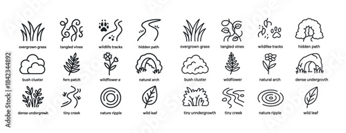 Nature icons: overgrown grass, wild vines, animal tracks, hidden
