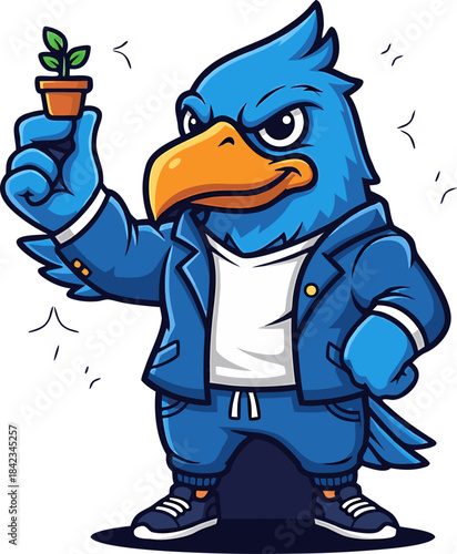 Blue Bird Mascot Environmentalist Holding a Seedling