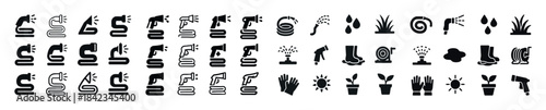 Gardening and irrigation icons collection: hoses, plants, sprink