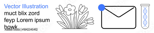 Nature, genetics, communication, scientific research, digital messaging, floral design. Collection of icons with flowers, an envelope and a DNA strand. Nature and genetics theme