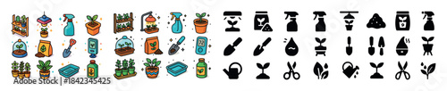 Gardening tools and plant care icons in color and silhouette