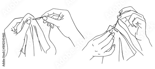 布を縫う手のイラストセット（裁縫・手芸）,針仕事,手縫い,繕い,修理,シンプル,ベクター
